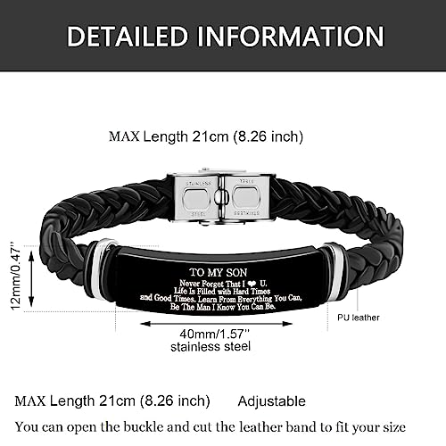 Image of Uloveido PU Leather Stainless Steel ID Bracelet for Son from Mom Dad, Encouragement Inspirational Gift to Men