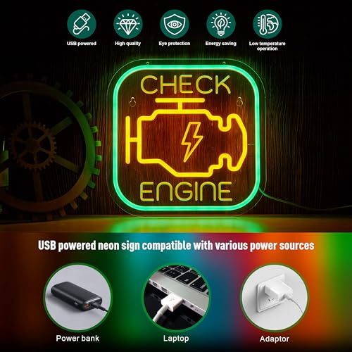 Image of Check Engine Neon Sign for Wall Decor Garage Light LED Light USB Powered for Man Cave Auto Repair Shop Workshop Party Birthday Gift