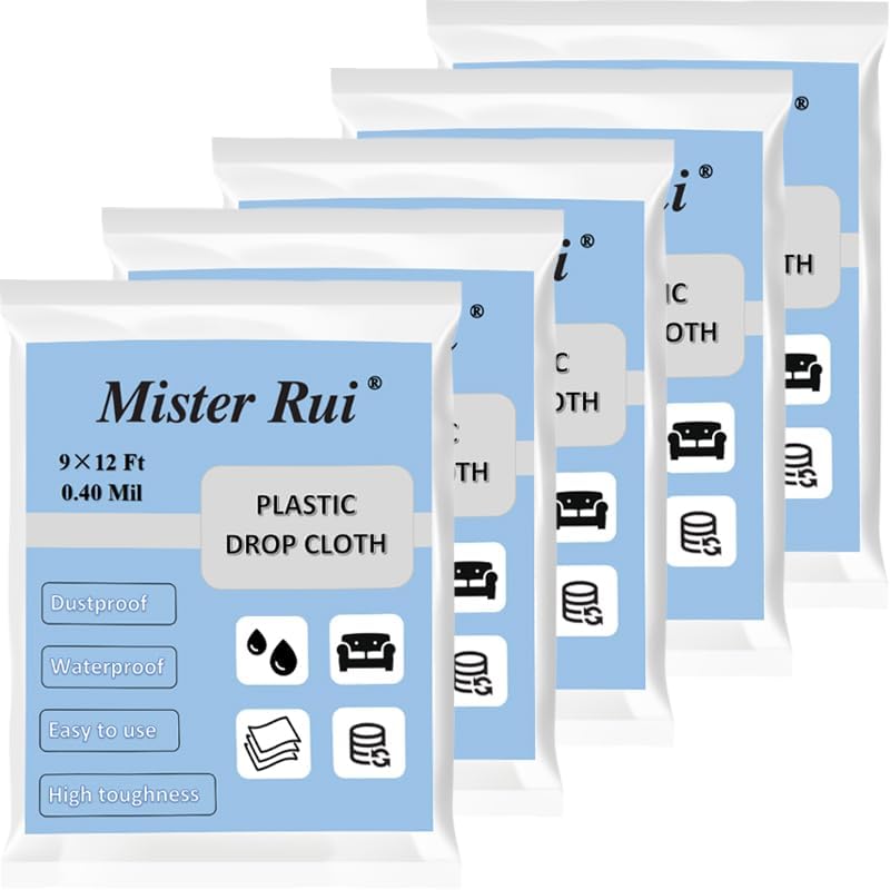 Mister Rui Láminas de plástico, paquete de 5, paño de caída de 9 x 12 pies para pintar, paño de plástico para pintores, lona de plástico