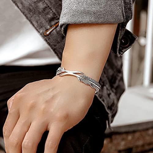 VOMONO ANZUEA 925 Sterling Silver Feather Bracelet for Women Girls Adjustable Open Bangle Bracelet Fashion Jewellery Gift for Women Girls for Birthday Christmas Valentine's Day and Festival