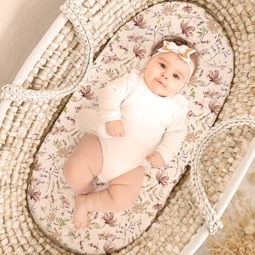 Image of lulumoon Baby Bassinet Sheets Muslin: Soft Fitted Bassinet Sheets Floral for Girls - Fit for Oval Rectangle or Hourglass Mattress