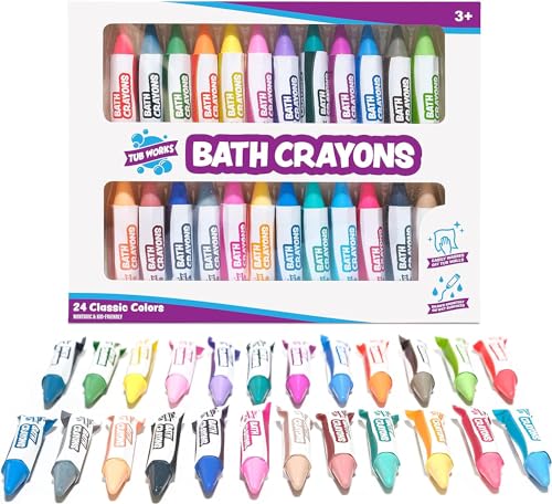 Image of Tub Works® Smooth™ Bath Crayons Bath Toy, 24 Pack | Nontoxic, Washable Bath Crayons for Toddlers & Kids | Unique Formula Draws Smoothly & Vividly on Wet & Dry Tub Walls | Hexagon Grip Bathtub Crayons