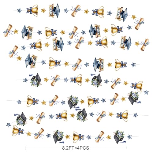 Image of Blue Gold Graduation Party Hanging Streamer Floral Navy Gold Star Grad Cap Garland Banner for Congrats Grad You Did It Class of 2026 We are So Proud of You Themed Graduation Party Decorations Supplies