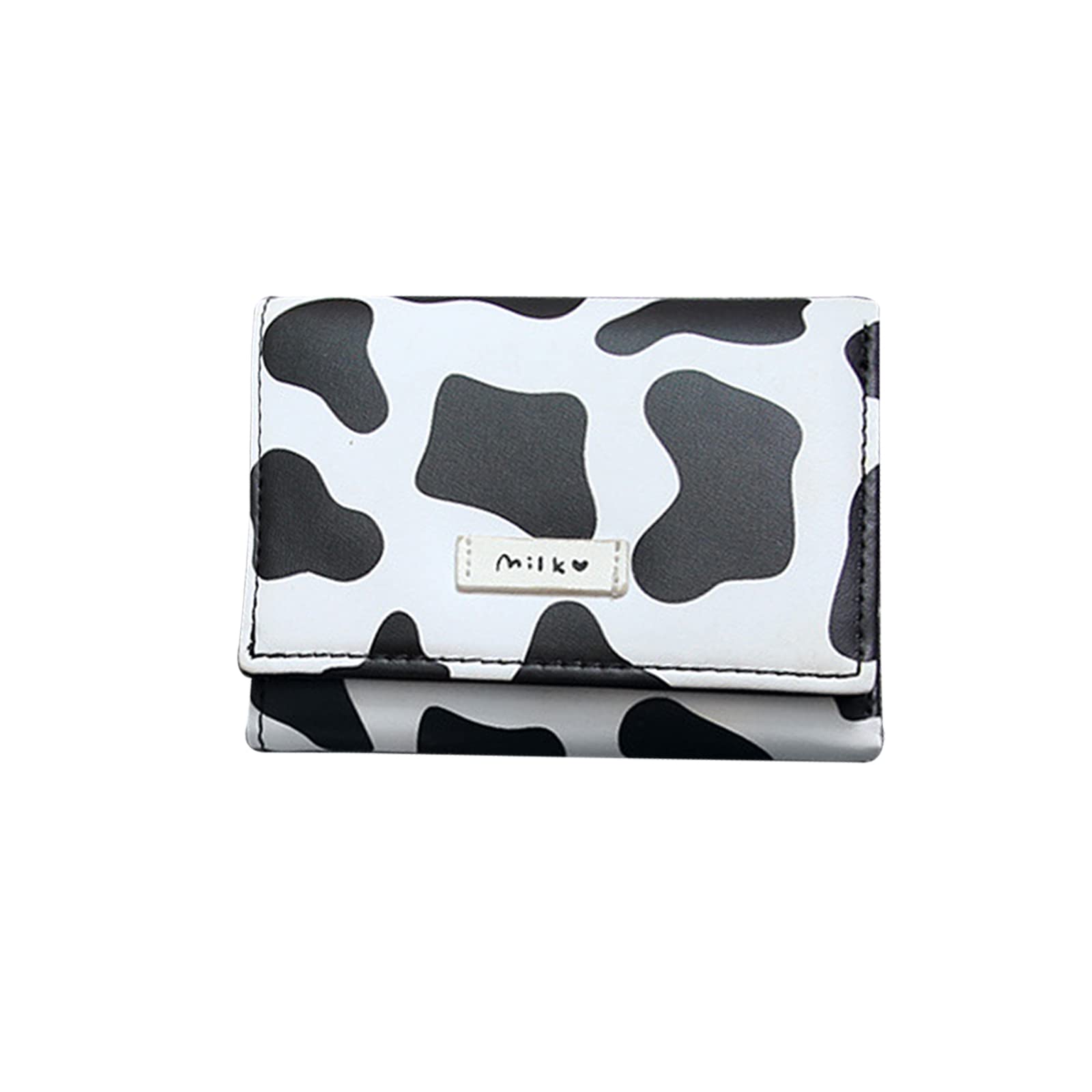 FuninCreaWomens Wallet with Cow Print, PU Leather Coin Purse with Metal Snap Button, Folded Travel Wallet Small Purse with 8 Card Slots and Compartment for Store Change, Cards (Black)