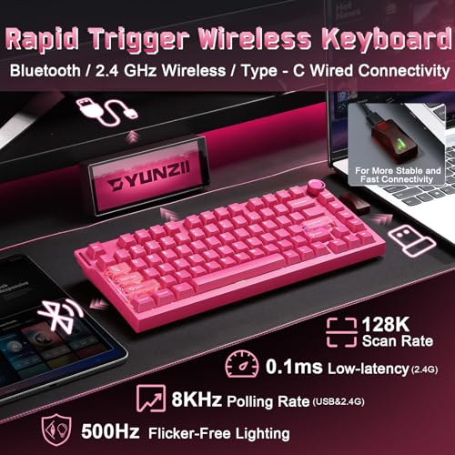 Image of YUNZII RT75 PRO Wireless Gaming Keyboard,Hall Effect Mechanical Rapid Trigger Magnetic Keyboard Bluetooth /USB-C /2.4G Dual 8KHz Polling Rate &128K Scan,RGB Backlit,TGL /SOCD /DKS /MT (Pink,Red Switch)