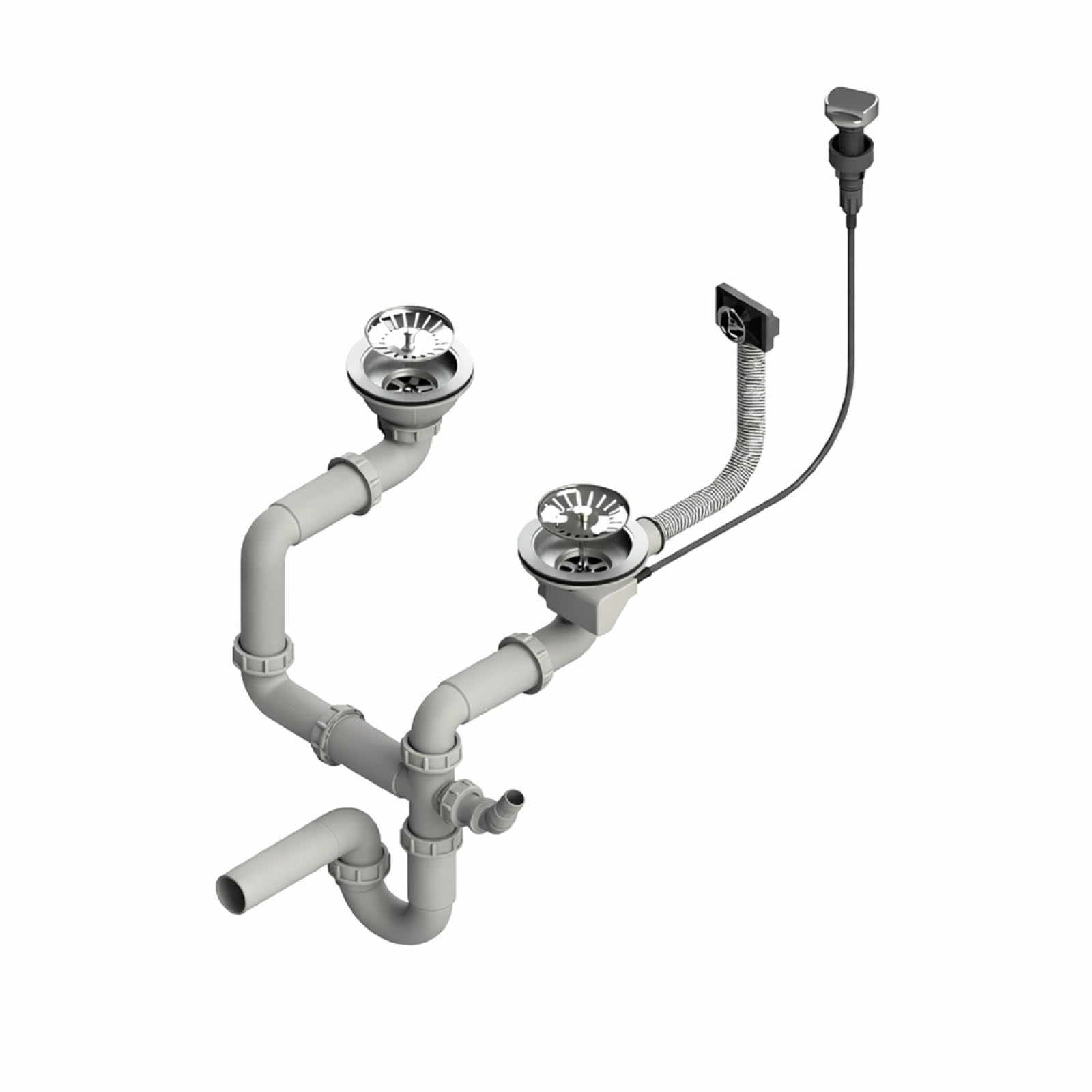 QLS Automatischer Doppelbecken-Siphon – Passend für 3 1/2 Zoll Abfluss, mit Ablaufgestänge & Anschluss für Geschirrspüler oder Waschmaschine, Gold & PVC (Chrom)