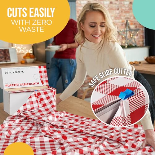 Image of Party Solids 54 Inch X 300 Feet Red Gingham Plastic Table Cover Roll in A Cut - to - Size Box with Convenient Slide Cutter. Cuts Up to 36 Rectangle 8 Feet Plastic Disposable Tablecloths