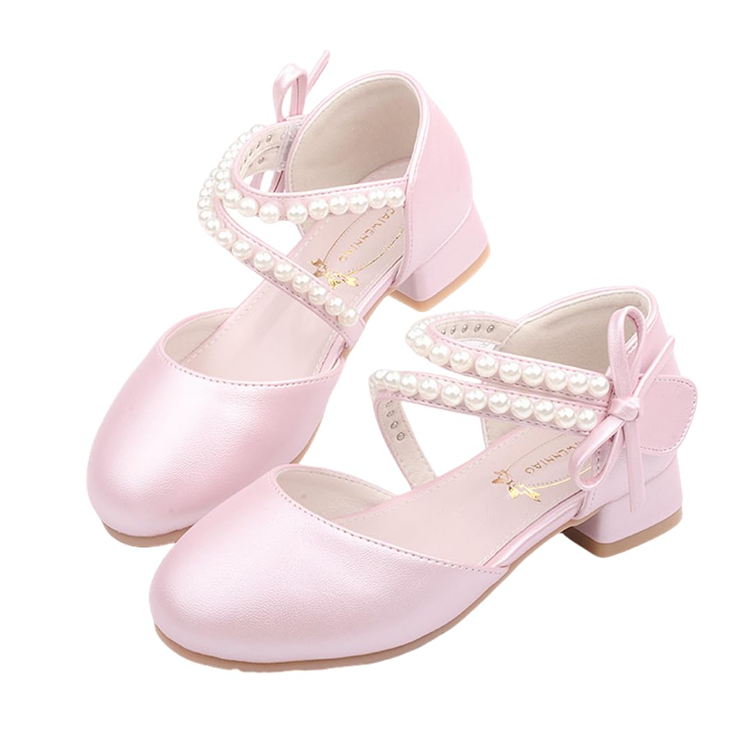 JGKDTX Toddler Flower Girl Princess Dress Shoes Pearl Straps Wedding Bridesmaids Party Low Heels Mary Jane Pumps for Little Girl (Pink, Little Kid, 1, Numeric, US Footwear Size System, Medium)