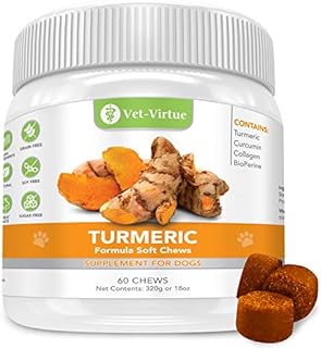 VET-VIRTUE Turmeric for Dogs - Organic Turmeric with Curcumin, Hip and Joint Supplement Dogs Soft Chew, with Collagen and Bioprene, High Absorption Eliminates Joint Pain Inflammation - 60 Count