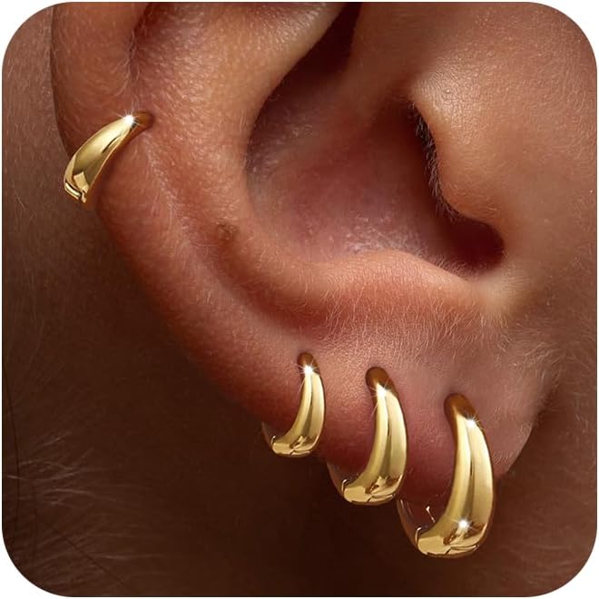 Foxgirl 4 Pairs Chunky Small Huggie Hoop Earrings for Women – Dainty 14K Gold/Sterling Silver Plated Hypoallergenic Lightweight Stack Earring Sets for Multiple Piercing Trendy Jewelry