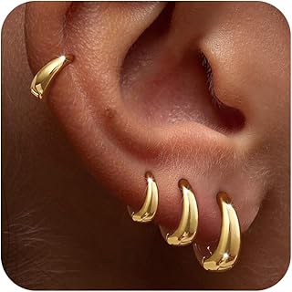 4 Pairs Small Chunky Huggie Hoop Earrings for Women - Dainty 14K Gold Plated Hypoallergenic Lightweight Stack Earring Sets for Multiple Piercing Trendy Jewelry