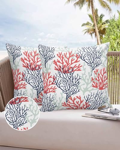 Boanket Outdoor Pillow Covers 26 x 26 In, Red Navy Blue Coral Coastal Waterproof Throw Pillow Cover Set of 2, Summer Beach Seaside Nautical Home Decorative Square Cushion Covers for Patio/Couch/Garden