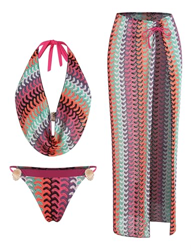 Image of ZAFUL Women's 3 Piece Floral Swimsuit Draped Neck Halter Bikini Tie Side Bathing Suit with Sheer Cover Up Skirt