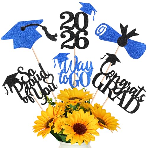 Image of Graduation Decorations 2026, 24 PCS Black and Blue Graduation Centerpieces for Tables, Class of 2026 Double-Sided Glitter Table Decorations