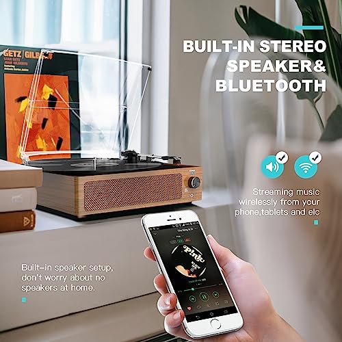 Image of Retro Record Player for Vinyl with Speakers Vintage Turntable Vinyls Records Belt-Driven Turntables 3-Speed 3 Size 33 1 /3 45 78 RPM Wireless Playback Headphone AUX RCA Line LP Vinyl Players Wood Grain