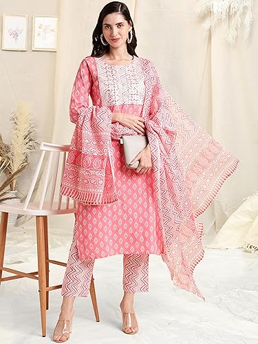Image of MIRCHI FASHION Women's Straight Fit Pure Cotton Printed Kurta Set with Dupatta and Trouser