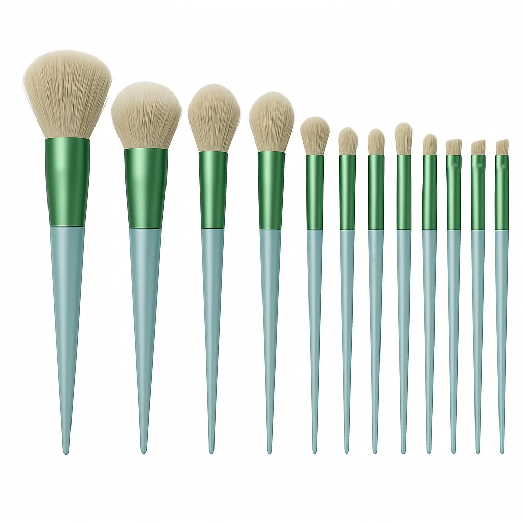 13 Professional Makeup Brushes, Oval Shape, Perfect for Foundation Eyebrow, Blending, Eye Shadow Powder, Greenery