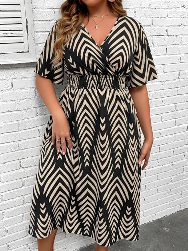 Image of Floerns Women's Plus Size Boho Hawaiian Tropical Dresses V Neck Short Sleeve Floral A Line Long Dress Vacation Beach Outfits