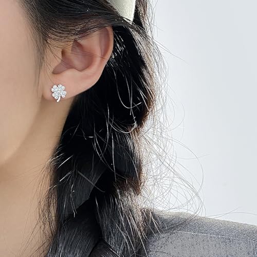Reffeer Solid 925 Sterling Silver CZ Four Leaf Clover Earrings Stud for Women Teens Sparkle Leaf Stud Earrings2