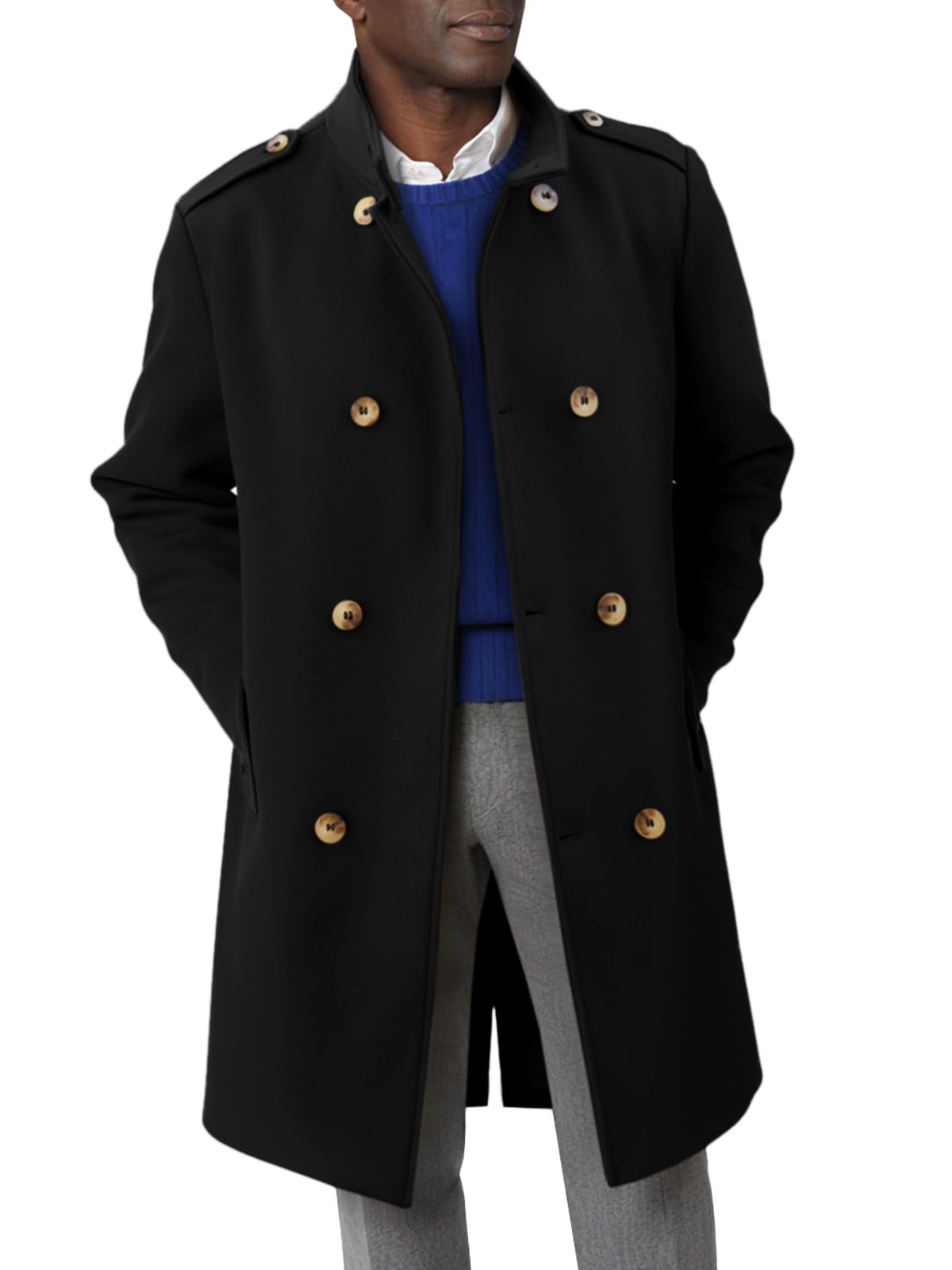 runcati Mens Trench Coat Double Breasted Stand Collar Pea Coat Casual Fall Winter Warm Mid Long Overcoat-picture-35
