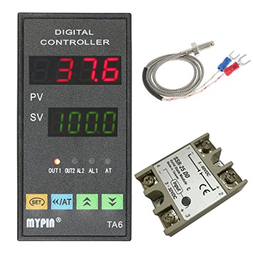 Elenxs MYPIN Digital TA6-SNR PID Temperature Controller with Relay DIN 1/8 SSR-25DA Controller,K Type 1/8 SSR-25DA K Type Thermocouple Dual Display for F/C 7 Output