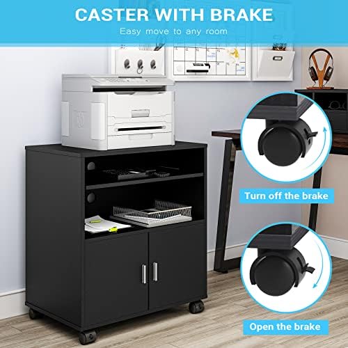 Gernian Printer Stand Wood Black with for Keyboard Laptop Desk Side Mobile 1 Open 2 Closed with Wheels 60X48X74cm