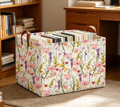 Image of Rectangle Storage Basket with Handles,Collapsible Storage Bin,Books Box,Gift Basket(Flowering Shrubs)