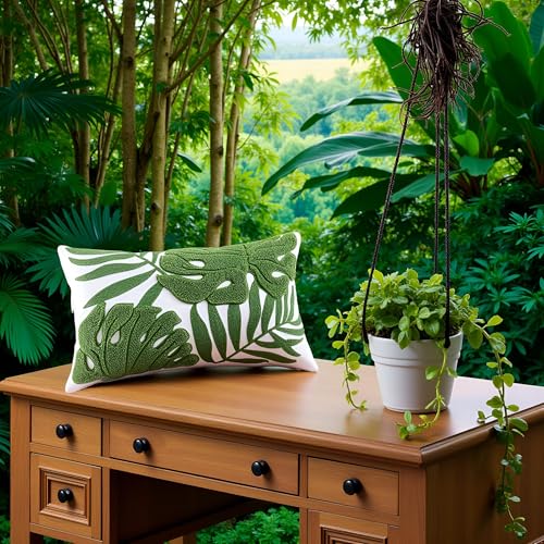 Housse de coussin brodée Monstera et feuilles de palmier décoration salon printemps