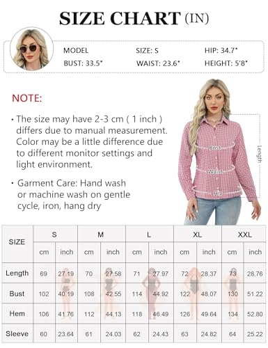 Rapbin Karierte Hemd Damen Langarm Trachten Bluse Baumwolle Hemd V-Ausschnitt Bluse Casual Oberteil mit Knopfleiste Rot M
