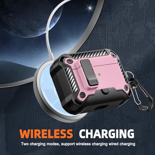 Image of for AirPods Pro 3 Case with Lock & Phone Stand(Pink) | Automatic Snap Switch Lock,Carbon Fiber Texture Design Cover with Cleaner Kit