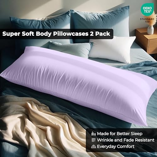 Image of Royale Linens Body Pillow Cover - Double Brushed 1800 Microfiber - 20 inchx54 inch with Hidden Zipper Closure - Wrinkle & Fade Resistant - Super Soft Body Pillowcase 2 Pack (Lavender, Pack of 2)