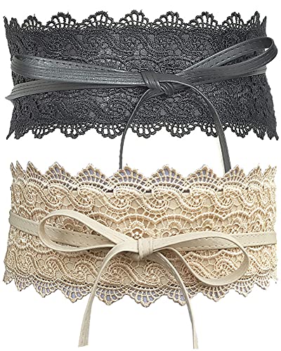 Women's 2 Packs Lace Waist Belt Bow Tie Wrap Around Soft Leather Boho Corset Fashion Elegant for Dresses