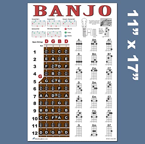 A New Song Music Banjo Easy Chords Rolls & Fretboard Note Chart Instructional Poster For Beginners Chord & Notes 11"X17" #TOP5