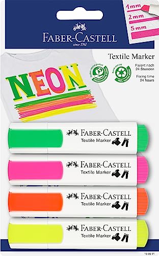 Faber-Castell 159591 – Rotulador textil en colores neón para telas claras, paquete de 4, ancho de trazo de 1 a 5 mm, para fiestas de baño, cumpleaños infantiles, despedidas de soltero