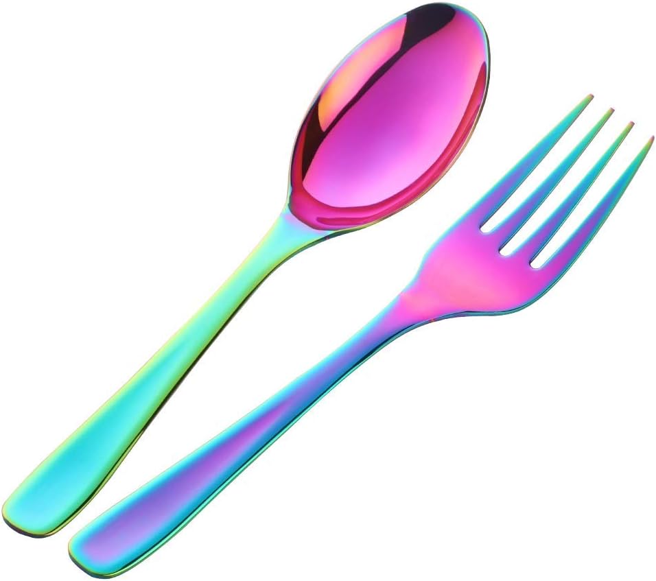 Salad Server Set, Baikai 2 Pieces Servers, Serving Spoons Forks, 10 inch Utensils Spoon (Rainbow, Salad Spoon & Fork)
