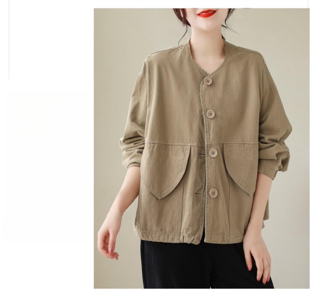 Leichte Damenjacke Aus Baumwolle Mit Rundhalsausschnitt,Strickjacke Mit Retro Kahki Knöpfen,Übergangsjacke,Mantel,Frühling Und Herbst,Lässige,Lockere Utility Jacke Mit Tasche