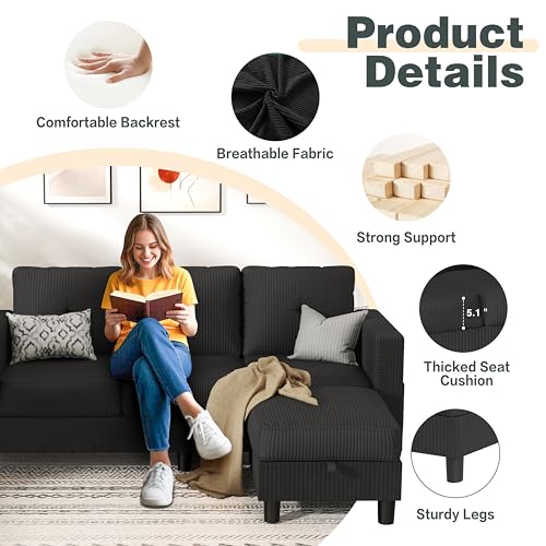 JY QAQA Convertible Sectional Sofa Couch with 3-Seat Sofa, L-Shaped Ottoman Couch with Modern Linen Fabric for Small Living Room, Apartment and Small Space(Black) - Image 4