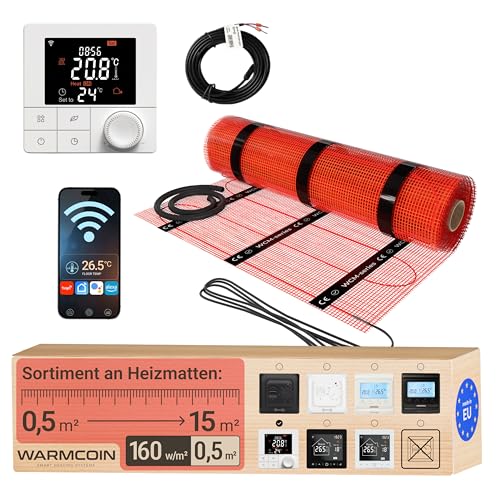 Warmcoin Elektrische Fußbodenheizung Paket 160 W/m Fliesen Laminat & Vinyl 0 5 m W40 WLAN-Thermostat mit komfortabler Temperatursteuerung Smart Home