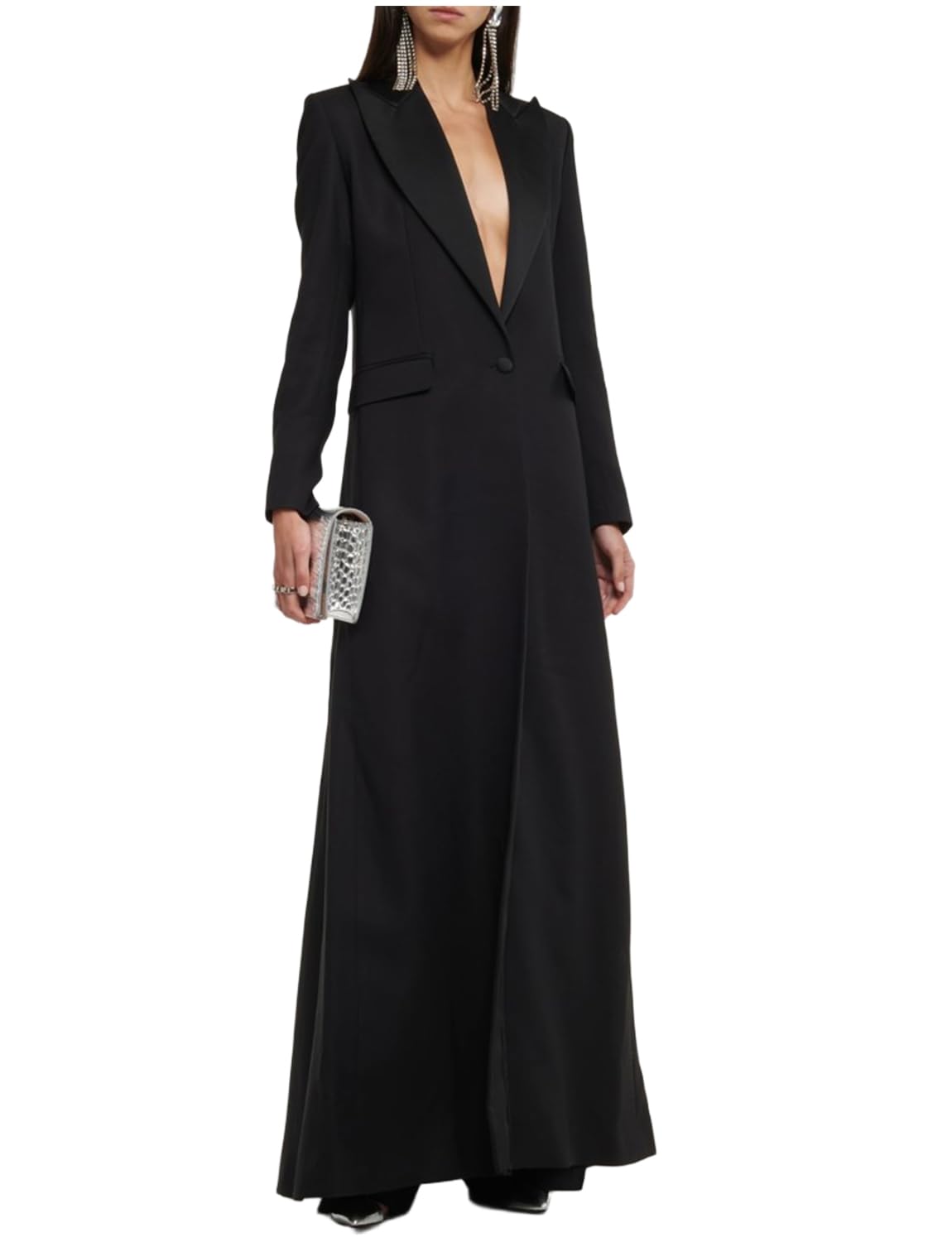 Womens Long Blazer One Button Suit Dress Coat for Party Wedding