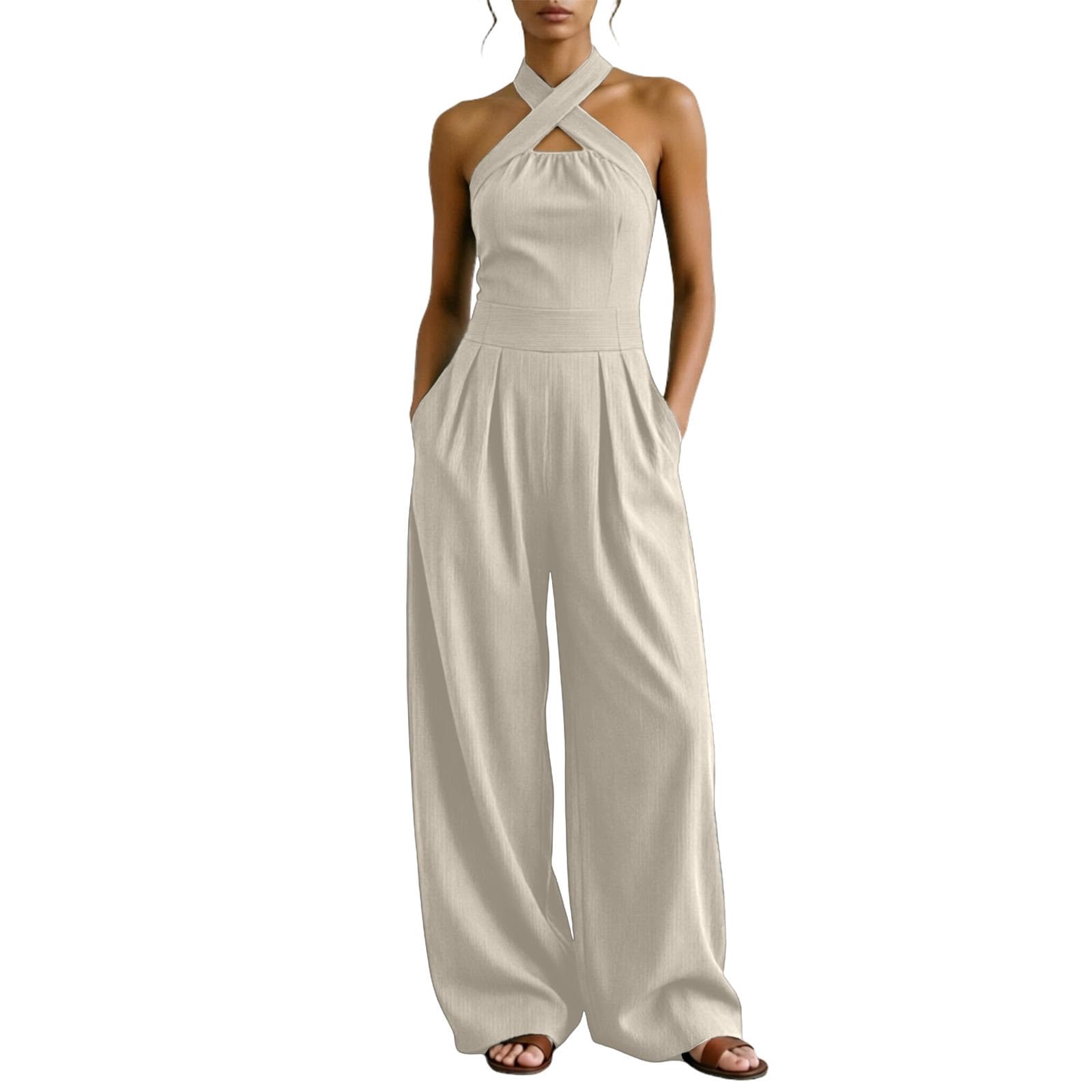 Tuta lunga da donna, estiva, elegante, allacciatura al collo, con scollo a V, tuta intera da donna, per ospiti di nozze, tuta a gamba larga, tuta aderente