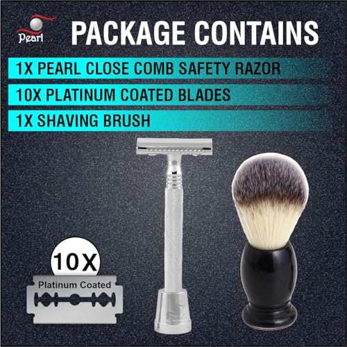 Image of Pearl Shaving Double Edge Safety Razor (SS-01CC With stand And Shaving Brush 11 SY) -Classic & Traditional shaving Kit for Men | Premium Shaving Set for Holi Gift Option