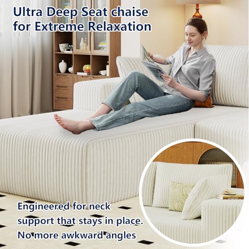 Image of 96 inch Modular Sectional Sofa, Modern Corduroy Cloud Couch with Deep Seat, Boneless Couch Upholstered 3-Seater L-Shaped Sofa for Living Room, No Assembly Required (White, Left-Facing Chaise)