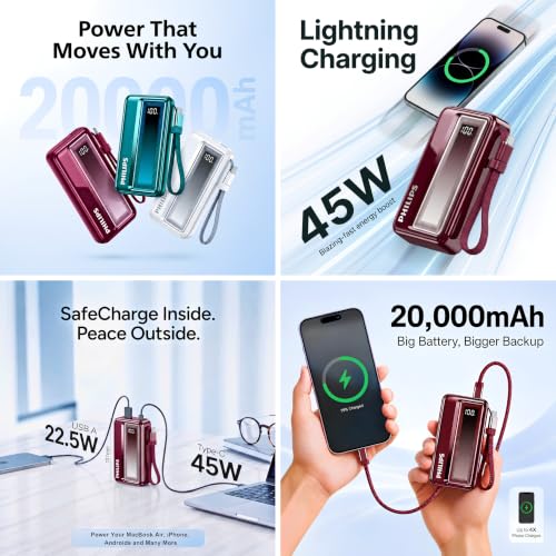 Image of Philips DLP2721NR /94 20000mAh 45W Fast Charging Power Bank with Built-in Type-C Cable (Iron Red) | Digital LED Display | Lithium Polymer | 2 Type-C & USB-A | Pocket Size | Compact & Travel-Friendly
