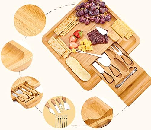 Utoplike Cheese Board with Knife Set, Bamboo Charcuterie Platter Serving Tray, Large(13 x 13 x 1.4) with 4 Stainless Steel Knife Folks in drawer, Perfect for Birthday, Housewarming & Wedding