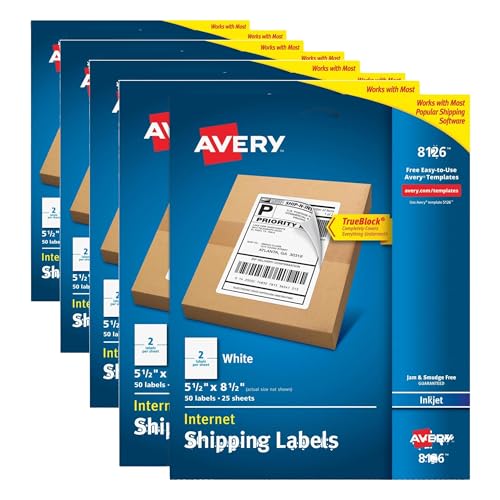 Image of Avery Half-Sheet Printable Shipping Labels, 5.5 inch x 8.5 inch Customizable Stickers, White, 50 per Pack, 100 Blank Mailing Labels, Great for Mailing, Shipping, Organizing, and More,8126, 2 Count (Pack of 4)