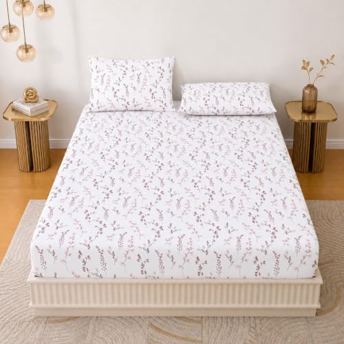 Image of Jaipur Weaves Queen Size Fitted Bedsheet Cotton with Elastic, 100% Pure Cotton Double Bed Fitted Sheet with 2 Pillow Covers, 240 TC, 60x78 Inches up to 8-inch Mattress, Floral Design - (Tulips Pink)