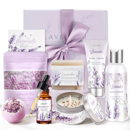 Gifts for Women Lavender Bath and Body Gift Basket Relaxing Spa Self Care Gift Mothers Day Gifts Happy Birthday Gift Baskets Thank You for Mom Her Sister Wife Girlfriend Teacher Friends Friendship