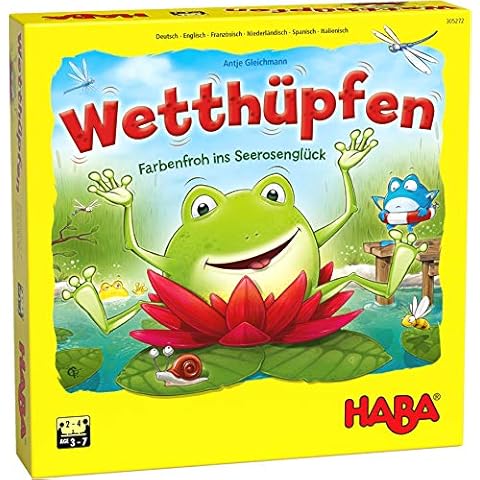 HABA 305272 - Wetthüpfen, Würfelspiel für Kinder von 3 bis 7 Jahren mit unterschiedlichen Spielvarianten, Spielmaterial aus stabiler Pappe und Holz Cover