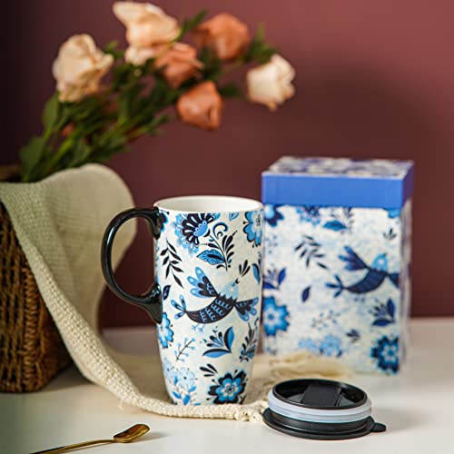Topadorn Ceramic Mug with Lid and Gift Box Latte Mug Coffee Cup,17oz.Blue Bird - Image 3