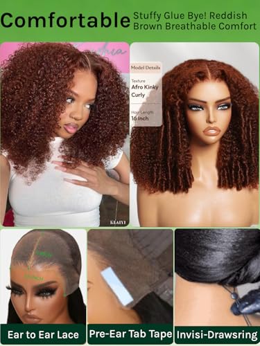 Image of KLAIYI Bye Bye SlipReddish Brown Afro Kinky Curly Glueless Precut 13x4 Lace Front Wigs Human Hair Drawstring Pre Plucked Bleached Knots Pre Everything 3S Ready to Wear and Go Beginner Wig 180% 16Inch